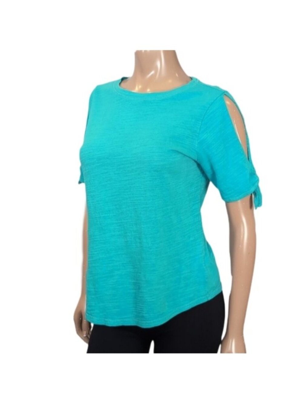 Jones New York Blue Short Sleeve Top Womens Medium Slit Tie Cotton Basic